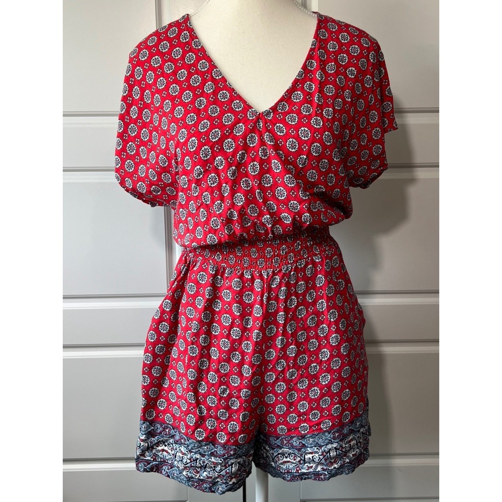 Bebop Womens‎ Red Medallion Print Smocked Waist Romper Small RCCA-4075-KZ